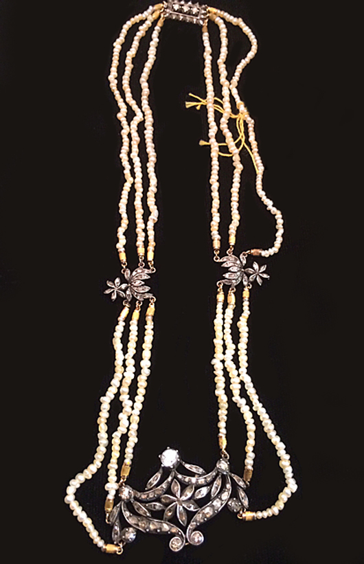 Early Victorian necklace with diamonds and sapphires, with one carat of diamonds and white sapphires with natural gold pearls. Tim’s Inc. Auctions image